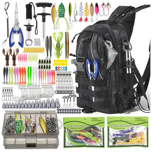 Normodic Fishing Backpack with Tackle Boxes, 208Pcs Fishing Lures Kit with Crankbaits, Pliers, Lip Clip, Hooks, Hook Remover, Accessories, Waterproof Fishing Bag, Gifts for Men Trout Bass Freshwater