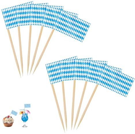 100 unidades de palillos de dientes con banderas de Baviera, Oktoberfest de Baviera, decoración bávara, bandera de Baviera, pequeños mondadientes con bandera, bandera bávara, decoración de mesa para