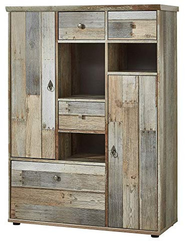 Stella Trading Bonanza Vintage Highboard in Driftwood Optik - ausdrucksstarkes Retro Highboard mit viel Stauraum für Ihren Wohnbereich - 99 x 133 x 39 cm (B/H/T)