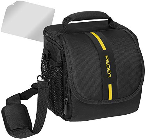 PEDEA DSLR-Kameratasche Essex mit Displayschutzfolie für Panasonic Lumix DMC-G2 / Pentax K-S2 / Ricoh GR II / Sony Alpha 68 / Canon EOS 6D Mark II 80D 750D 800D 1000D 4000D, Gr. M schwarz/gelb