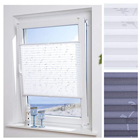 ourdeco® Plissee / 70 x 130 cm Weiß, bedrucktes Blumenmotiv Ranke/lichtdurchlässig, Blickdicht/Farbe: Weiß Ranke/Klemmen=Montage ohne Bohren=Smartfix=Klemmfix-Plissee=Easy-to-fix