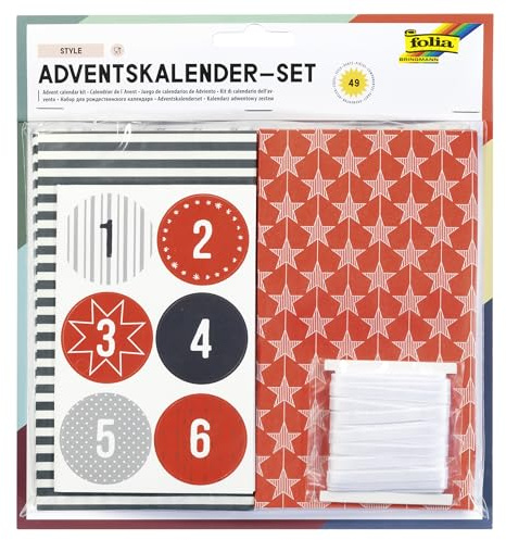 folia 9395 - Adventskalender Set Style, mit 24 lebensmittelechten Papiertüten je 10 x 17,5 x 5,5 cm groß, 7 m Satinband und Zahlensticker