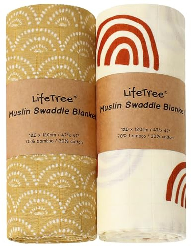 Lebze LifeTree Musselin Baby Decke Pucktücher, 2 Stück Bambus Baumwolle Pucktücher für Jungen und Mädchen, 120x120cm Kuscheldecke Baby Baumwolldecke, Aufstoßen Tuch & Deck Kinderwagen