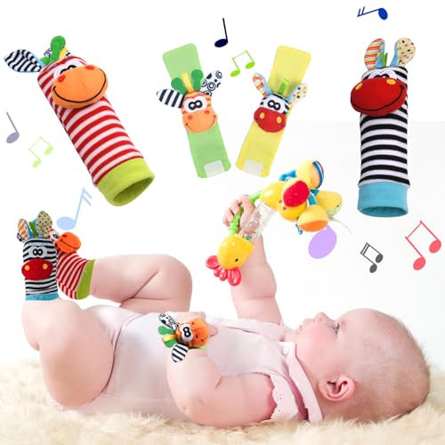 Vicloon Hochet Poignet Bébé,4pcs Bébé Poignet et Chaussettes Hochet Strap Hochets et ChaussettesPied Finder Jouets de développement Cadeau pour Tout-Petits Garçons Filles (Âne)