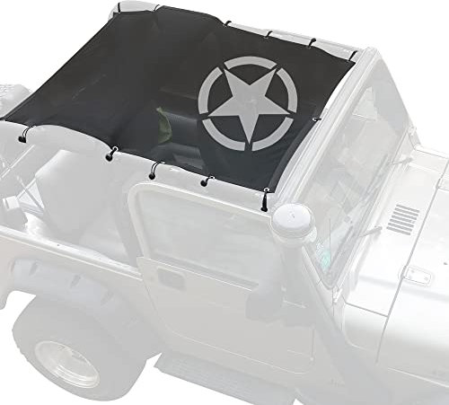Sunshade for 1996-2007 Jeep Wrangler TJ 2 Door Full Length Mesh Sun Shade, TJ Sunshade Bikini Soft Top Cover Net, Blocks UV, Wind, Noise, Black Star