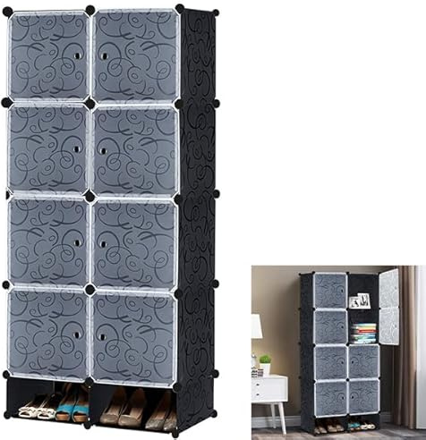 YUENFONG Kleiderschrank Regalsystem aus 8 Würfeln PP Material, Garderobenschrank mit Türen, Schuhschrank Tragbarer Steckregalsystem, für bücher Kleidung Spielzeug(Schwarz)