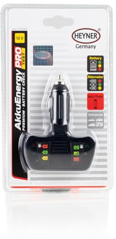 HEYNER® Batterieprüfer 12 V mit LED Anzeige für den Zigarettenanzünder | Spannungsmesser für Autobatterie, Tester der Lichtmaschine, Inklusive Sicherung, Messgerät für 12 V Bordnetz, 6 LEDs