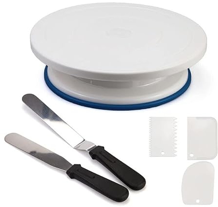 Tortenplatte drehbar Tortenständer - Kuchen Drehscheibe Torten Drehplatte | mit 2Stück Winkelpalette und 3Stück Schaber für Backen Gebäck, Zuckerguss, Mustern 28x7cm