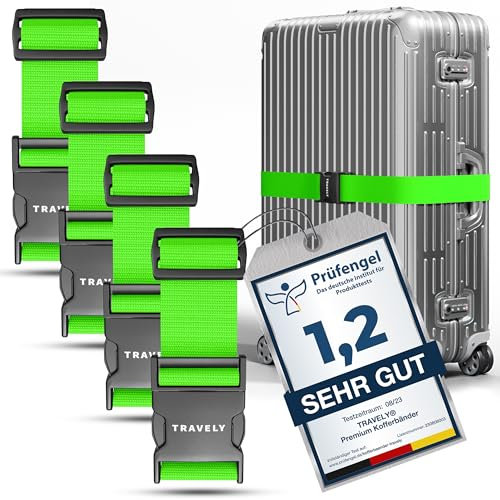 Travely® Premium Koffergurt - Besonders Auffällig & Sicher - Inkl. 4 Namensschildern - Gepäckband ideal über Kreuz - [4er Set] - Grün