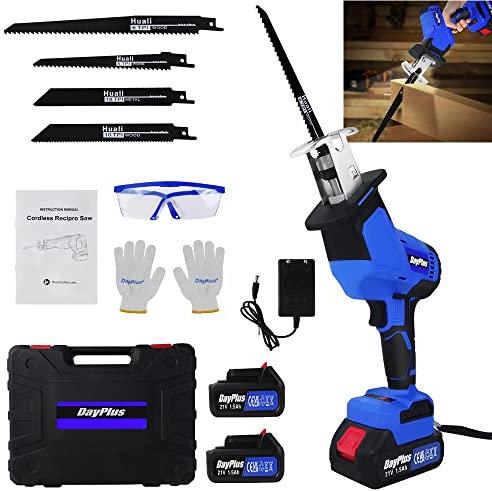 Scie sabre sans fil 21 V Scie récipro sans balais avec 4 lames de scie 0-3500 SPM Scie sabre électrique avec 1 batterie 1,5 Ah Longueur de course 15 mm à vitesse variable pour métal, bois, PVC
