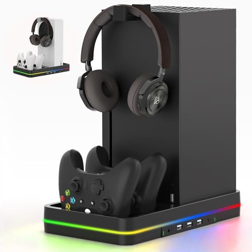 KEPLUG Ventilador de refrigeración dual y soporte de refrigeración para consola/controlador Xbox Series X/S, estación de carga de controlador dual Xbox con luz LED RGB y 3 puertos USB, accesorios Xbox