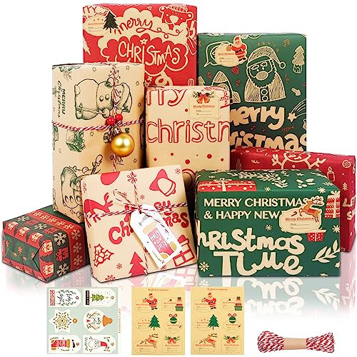 Geschenkpapier Weihnachten Kraft, 8 Blatt Recycling Weihnachtspapier Set mit Geschenkanhänger Aufkleber und Schnur, Bunt Rot und Braun Weihnachtspapier Geschenkpapier Set, 70x50cm