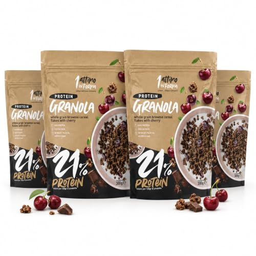 1 Attimo in Forma | Granola Proteica 21% Senza Zuccheri Aggiunti 300 grammi - Ricca di Fibre Croccante Colazione Nutriente (4 Confezioni, Brownie e Ciliegia)