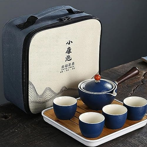 Scizorito Juego de Té Portátil de Cerámica, Juego de Té Chino Kungfu con Tetera de Rotación 360 y Filtro, 4 Tazas de Té, Bandeja de Té y Bolsa de Viaje (Azul)