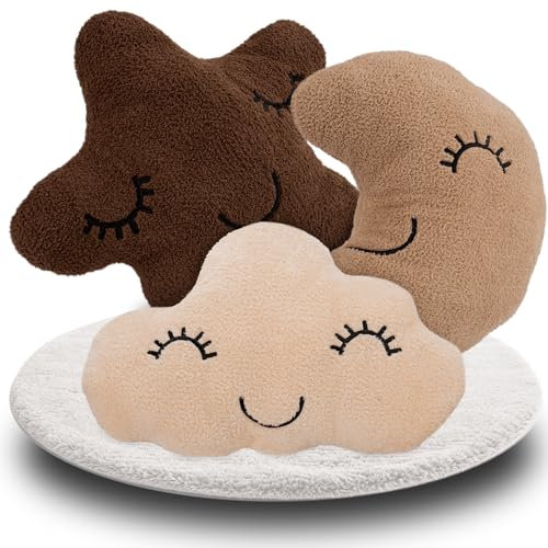 DREAMYBAMBINI Weiches 3er Set Deko Kissen mit Stern Kissen, Mondkissen und Wolken Kissen mit Bezug und Füllung aus 100% Baumwolle, Flauschiges Kuschelkissen für Sofa, Bett und Kinderzimmer Deko