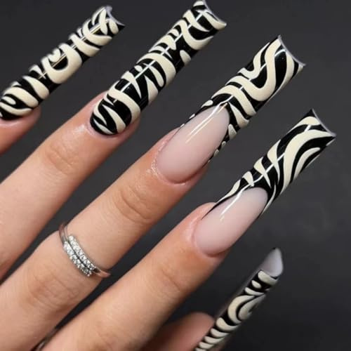 LYMCY Press on Nails French, Black and White Extra Long Nails Irregular Grid Lines Leopard Geometric Fake Nails, Artificial Nails for Women and Girls -24 pcs