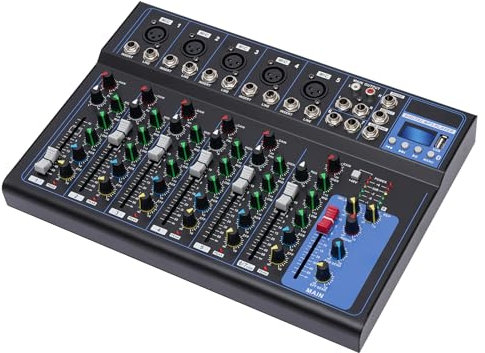 7 Kanal Stereo Sound Mischkonsole, DJ Audio Sound Mixer Konsole mit USB Schnittstelle, Bluetooth, Stereo DJ Mixer für Karaoke, Singen, Heim-KTV, Aufnahmestudios, Live-Streaming, PC-Recroding