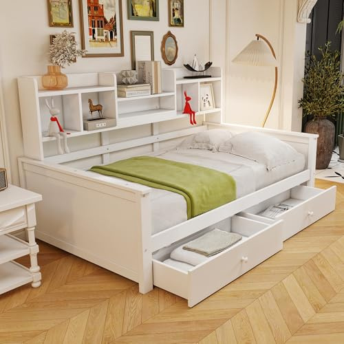 Sapgaks Canapé-lit 90x200 cm, avec 2 tiroirs et étagères de Rangement, Lit Enfant, Cadre à Lattes, Lit Simple en Bois Massif, Convient aux Adolescents et aux Enfants, Blanc (Matelas Non Inclus)
