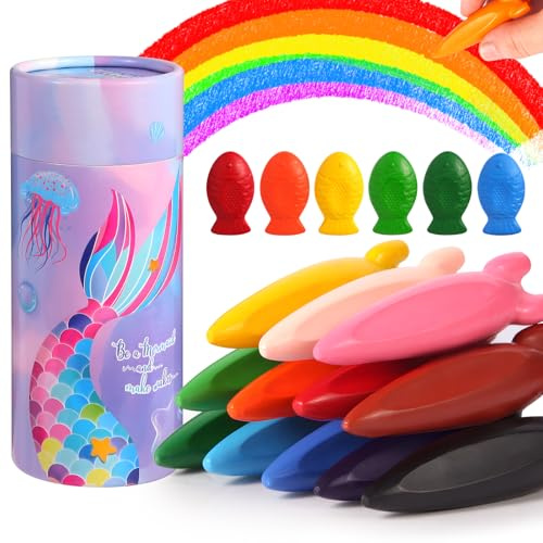 JYPS Wachsmalstifte ab 1-3 jahr Kleinkinder, 18 Ungiftig-Sicher Buntstifte Set, 12 Rocket und 8 Meerjungfrau Malstifte mit Stiftehalter, Abwaschbare Malen Malkunst Zubehör für Kinder Schule Geschenk