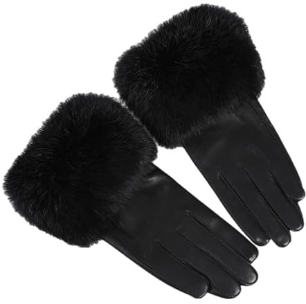 Damen-Lederhandschuhe mit Fleece, für kaltes Wetter, Solides Schwarz, L 7.5in 19cm