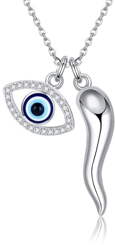 URONE Italienische Horn Halskette Sterling Silber Evil Eye Cornicello Anhänger Kette Lucky Talisman Italienischer Schmuck für Frauen