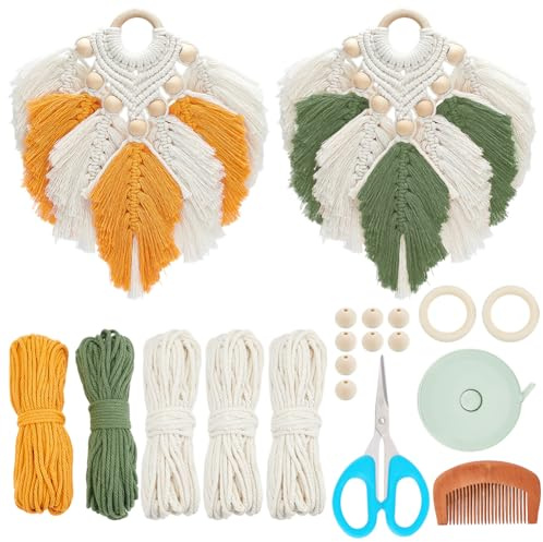 FREEBLOSS 2 Set Kit D'Accrochage Mural en Macramé Suspension Murale en Macramé Feuilles Tapisserie DIY pour Débutants Décoration Murale