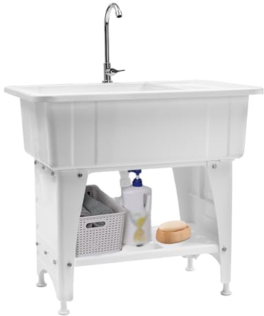 MOCHAG Spacious White Utility Sink Laundry Tub, 360° Rotatable Faucet Freestanding Plastic Laundry Sink with Storage Shelf & Laundry Board, Indoor Outdoor Sink for Laundry Kitchens Restaurants Garden