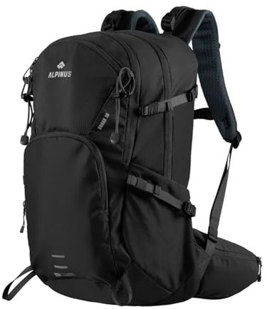 Alpinus Ornak Wanderrucksack 30L Schwarz - Trekkingrucksack für Damen und Herren - Outdoor Rucksack Regenschutz mit Belüftungssystem, Daypack für Wandern Trekking Camping
