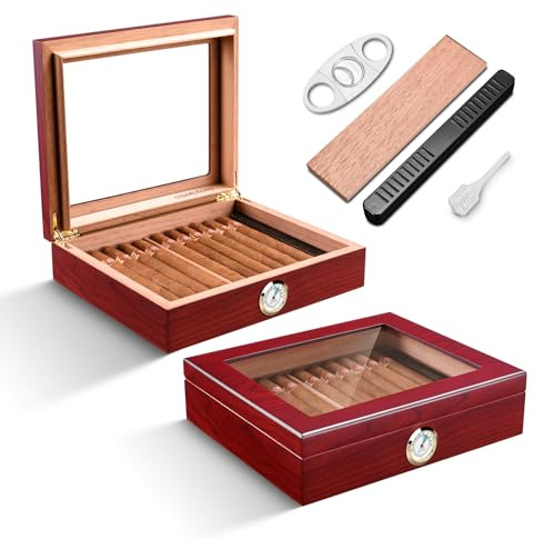 Zigarren Humidore Spanisches Zedernholz, Eleganter Humidor mit Hygrometer und Befeuchter & Zigarrenschneider Zedernholz Humidor Etui Zigarren-Desktop-Box Geschenke für Männer (Rot)