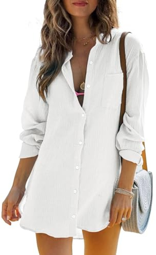 Cicy Bell dam långärmad blus sommar muslin toppar bomull casual button down skjorta klänning toppar lös tunika strandklänning bikini cover up