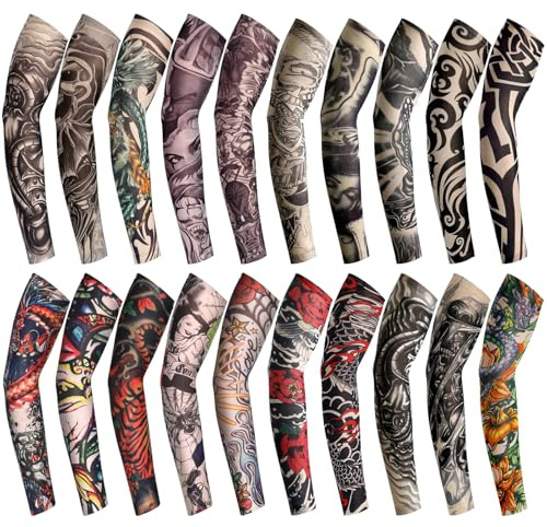 Boao 20 Pcs Men's Cooling Arm Sleeves Long Fingerless Arm Cover Anti Slip UV Sun Protection Sports Temporary Tattoo Sleeves(Lovely Style,Medium)