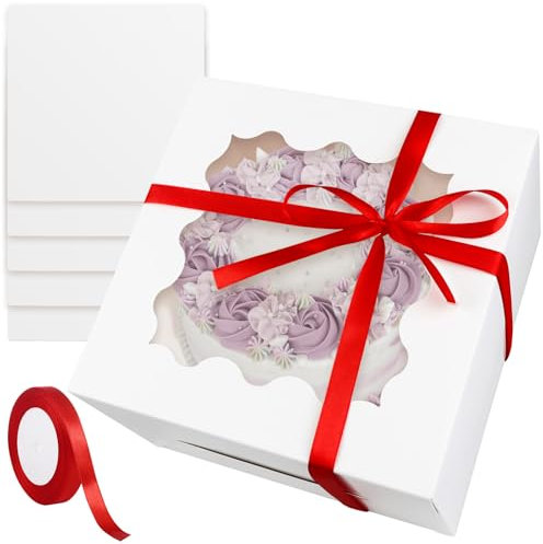 Piaxle Boite a Gateau Carton 20.5x20.5x12.5cm 5 Sets Boite a Gateau Transportable Blanc avec Cake Board et Ruban Cadeau Boite Gateau Carton pour Gâteaux Desserts (8x8x5inch)
