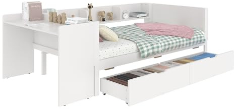 SOFTWEARY Jugendbett mit Schubladen, Lattenrost und Schreibtisch, 90x200 cm, Einzelbett mit Regal, Holzbett (weiß, 90x200 cm)