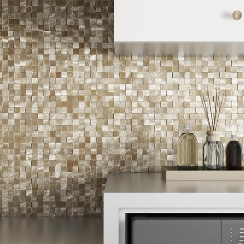 BeNice 3D Square Stick on Metal Splashback Mosaic Tiles Stickers Self Adhesive for Kitchen Wall(8 Sheets,Gold 3D)