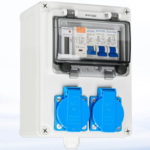 Warmfay Distributore a parete precablato, distributore di corrente di costruzione con interruttore FI, interruttore LS e contatore di corrente, 2 prese Schuko da 230 V, alloggiamento impermeabile IP67