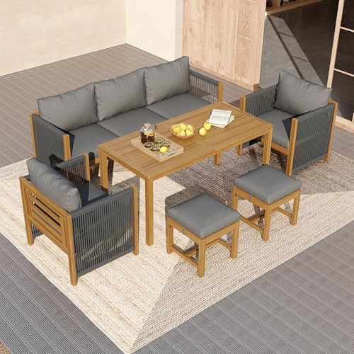 I0I&I0I Gartenmöbel-Set 6-teilig Wetterfest mit Esstisch aus Akazienholz, Lounge-Set mit 3er-Sofa, 2 Sesseln, 2 Hockern, Outdoor Sitzgruppe mit Kissen, Terrassenmöbel für 7 Personen (Grau)