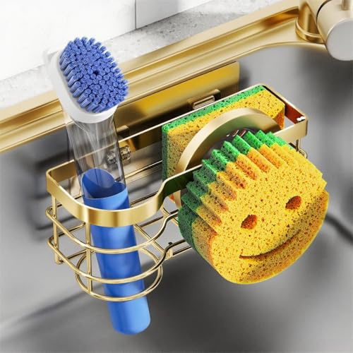 Cisily Gold Smiley Sponge Holder for Kitchen Sink Caddy, Stainless Steel Movable Brush Holder Dish Cloth Hanger, Suction Cup Sink Organizer Scrubbe