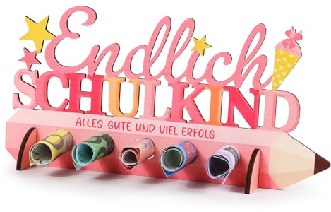 BOFUNX Einschulung Geschenk Holz Endlich Schulkind Geldgeschenk Schulanfang Geschenke für Jungen Mädchen Einschulung Schulanfang Schulkind Geschenke Schultüte Füllung Tischdeko