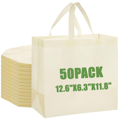 50Pcs Reusable Non Woven Shopping Bags Large Foldable Totes Bag with Handles Grocery Handbag Bulk for Boutiques (Beige)