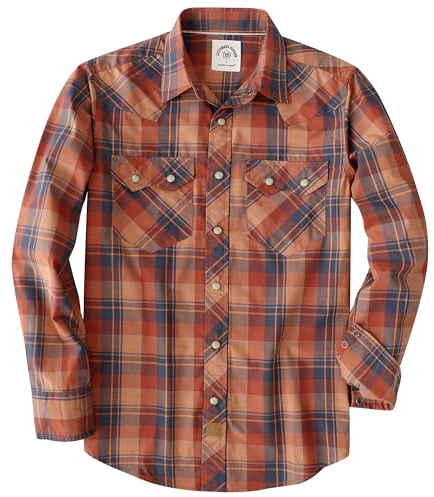 Dubinik Pärla snäpp-skjortor för män långärmad lätt ledig västerländsk pläd cowboy bomull vintage arbetsskjorta, Orange-röd och mörkblå, L