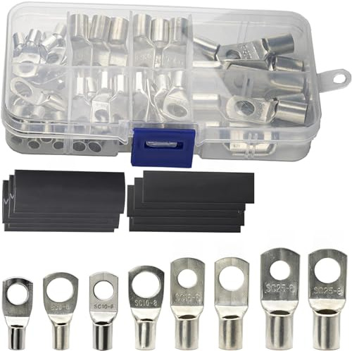 140 Stück Kabelschuhe Set 6mm² 10mm² 16mm² 25mm² Rohrkabelschuhe Kupfer mit Zinn überzogen Ringkabelschuhe m8 m6 Enthält 60 Kabelschuhe + 80 Schrumpfschläuche für Kfz Auto Boote