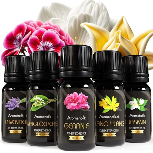 Aromaholik 5er Blumenset Ätherische Öle BIO 100% natürlich – Entspannung & Duft – Essential Oil Set 5 ×10 ml, zertifiziertes Öl aus Indien