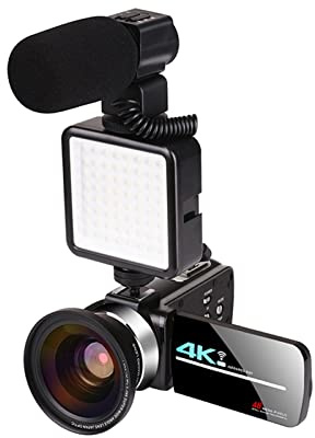 QZCX Cámara Digital, Camcorder de cámara de Video 4K 5 6MP Cámara de transmisión en Vivo de WiFi Vlogging con Pantalla táctil Visión Nocturna 18x Zoom Digital(32GB SD Card,AF2 Mic Flash Lens)