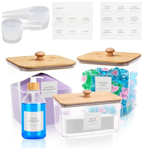 Mulaibdin Laundry Pods Storage Container, Laundry Detergent Storage Jars, Washing Powder Jar with Scoop & Labels, Washing Tablets Dryer Sheet Holder, Laundry Room Accessories Jars