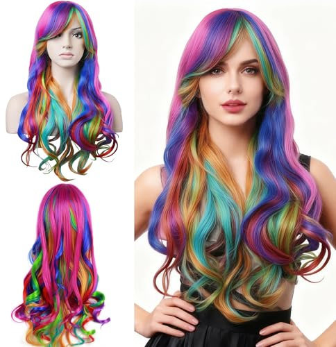 Regenbogen Perücke,Perücke Bunt Lang Locken,Regenbogen perücke Damen Locken,Lockiges Wig,Fasching Haare Damen Regenbogen,Geeignet für Cosplay,Karneval,Halloween KostüMparty