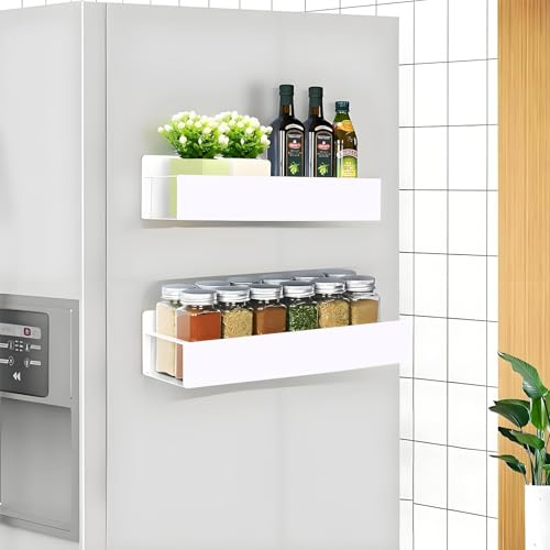 KedioPio Magnetisk Hylla Vit, 2 Stycken Magnetiska Kryddställ för Kylskåp med 4 Krokar, Magnet Hylla Kryddhylla Metall Magnetic Shelf för Kök Förvaring och Organisering, Vit