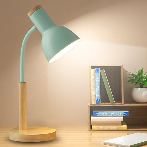 Leikurvo Schreibtischlampe Kinder, Tischlampe LED Leselampe E27 Socket Verstellbar Arm, Metall & Holz Nachttischlampe Nordischer Stil Desk Lamp für Schlafzimmer, Wohnzimmer, Arbeitszimmer(grün)