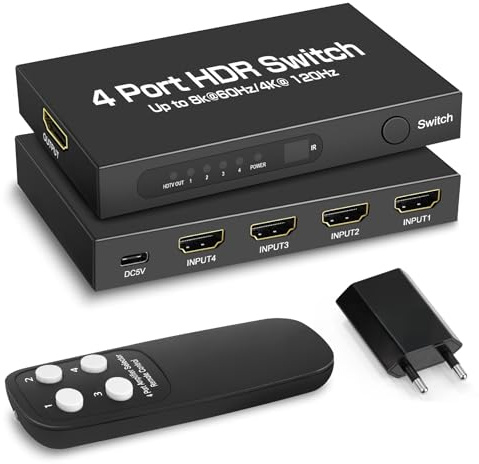 HNCY Switch HDMI 8K 60Hz, 4K 120Hz, 48Gbps 4 Entrées 1 Sortie Commutateur HDMI 2.1 Switch Haute Résolution Compatible avec PC, PS4, Xbox One, Fire TV, Chromecast, TV Box, Projecteur, Moniteur et Plus