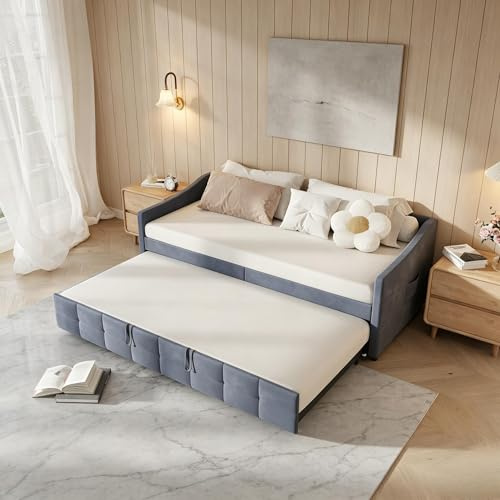 PerGar Bäddsoffa 90/180 x 200 cm, utdragbar dagsäng med träribba, bäddsoffa med sänglåda, utdragbar säng, enkelsäng/dubbelsäng, multifunktionssäng, flanell, utan madrass (grå)