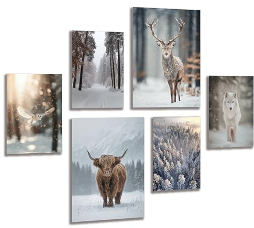 LAVEMA Winter Bilder Wohnzimmer Poster Set Schnee Ästhetische Wanddeko Hochlandrind Hirsch Wolf (ohne Bilderrahmen) Wandbilder Weihnachten Modern Aesthetic Skandinavisch Schlafzimmer Flur Winter Deko